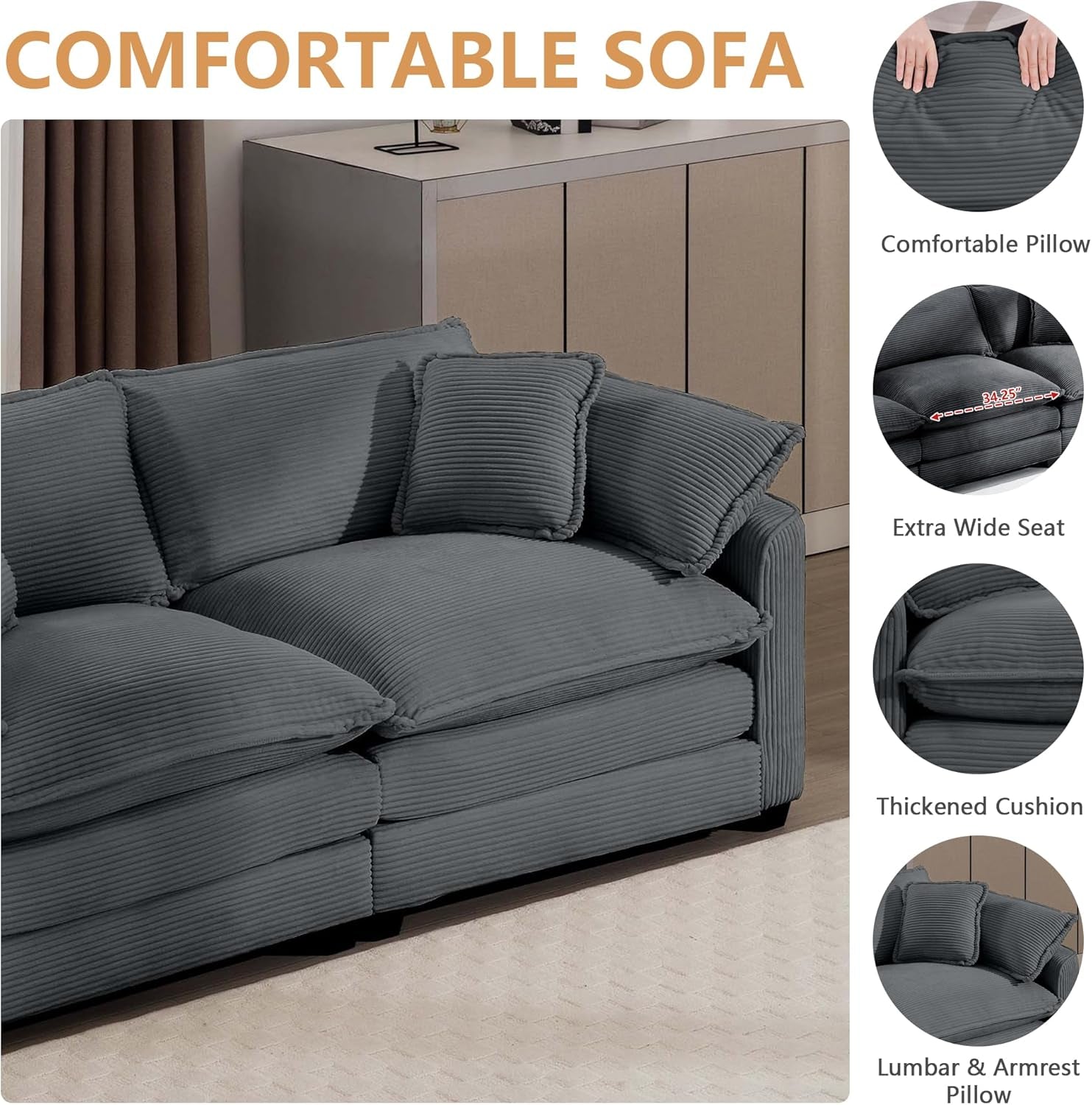 Oversized 2 Piece Sofa Set for Living Room, 3-Seater & Loveseat Couch, Modular Sectional Deep Seat Corduroy Comfy Cloud Couches with 4 Armrest Pillows and 5 Toss Pillows, Grey-3