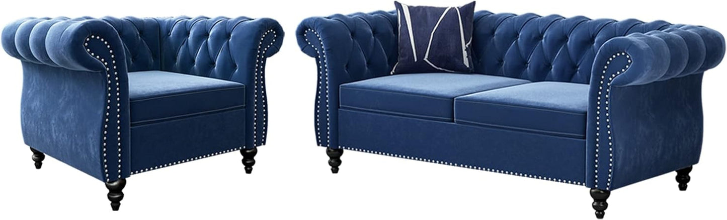 2 Piece Living Room Set, Velvet Chesterfield Sofa Loveseat Couch Chair with Scroll Arms and Nailhead for Living Room, Office (Blue)-0