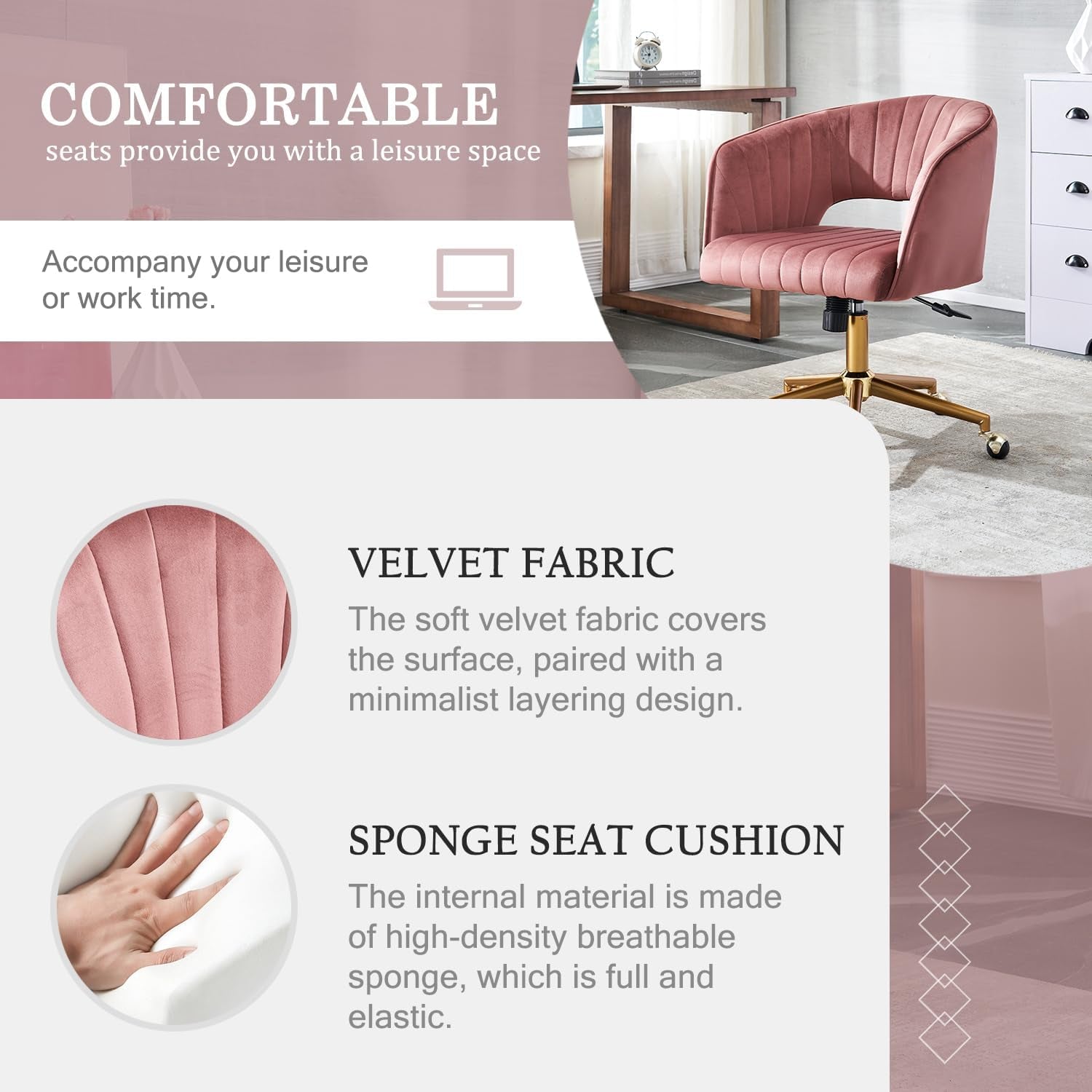 Home Office Chair Swivel Velvet Desk Chair, Vanity Chair with 360 Swivel Armchair and Gold Base,For Living Room, Bedroom, Vanity, Study (Pink)-3