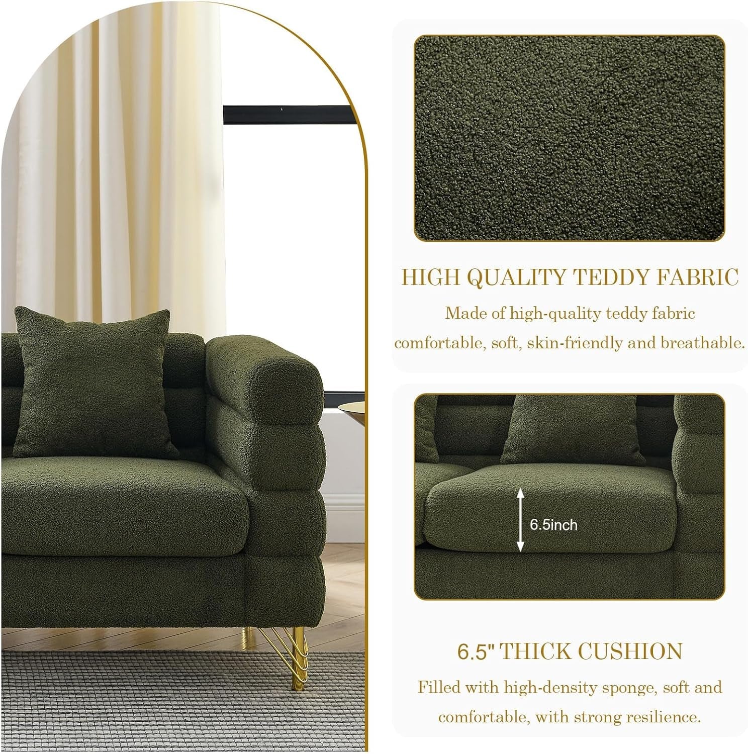 Sofa, 2 Pieces Sofa Set,Oversize 2/3 Seater Extra Deep Seat Sofa,Modern Upholstered Futon Sofa Couch, Comfy Teddy Bouclé Cloud Sofa,Furniture for Living Room,Bedroom,Office,Apartment(Green)-3