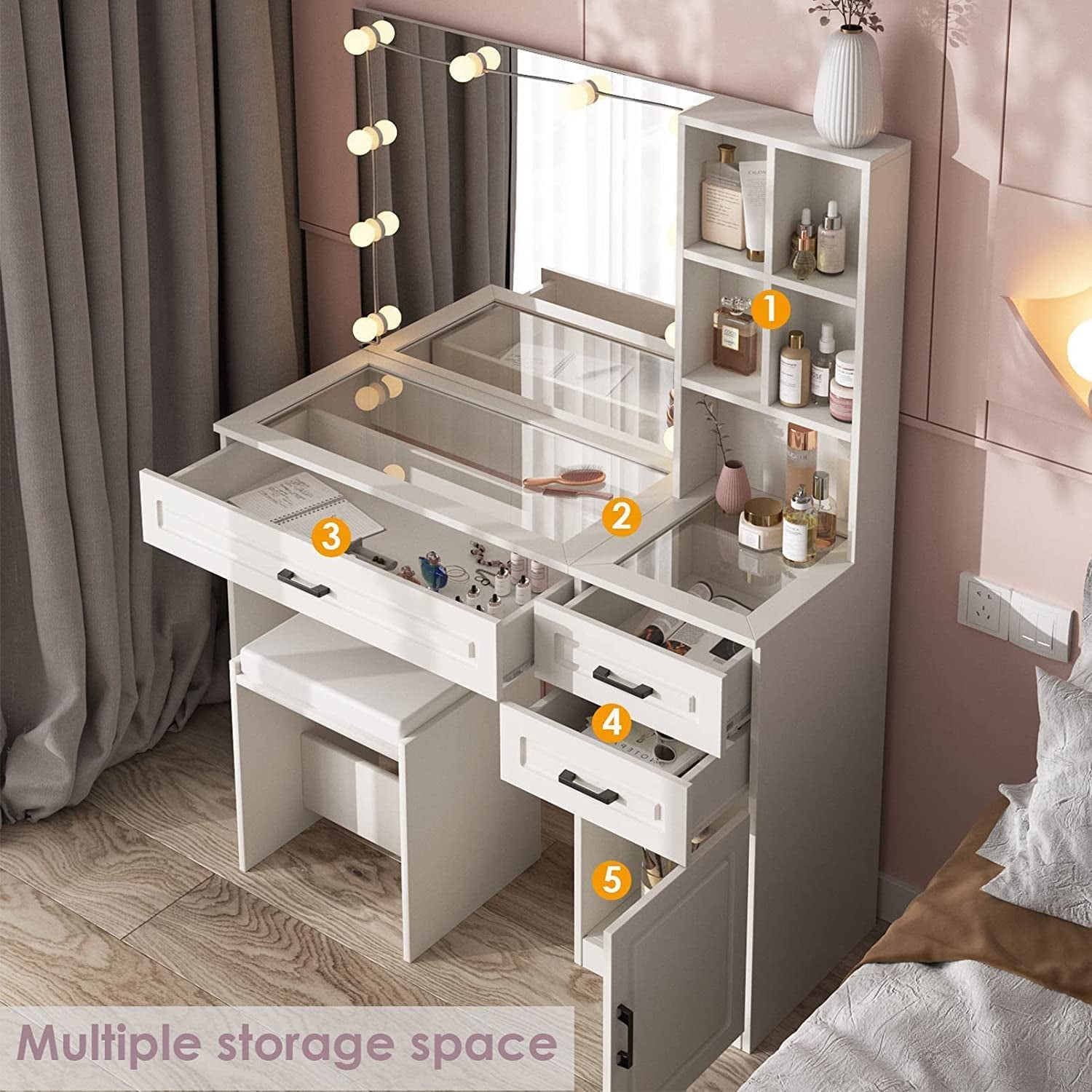 White Vanity Table Set with Glass Top-2
