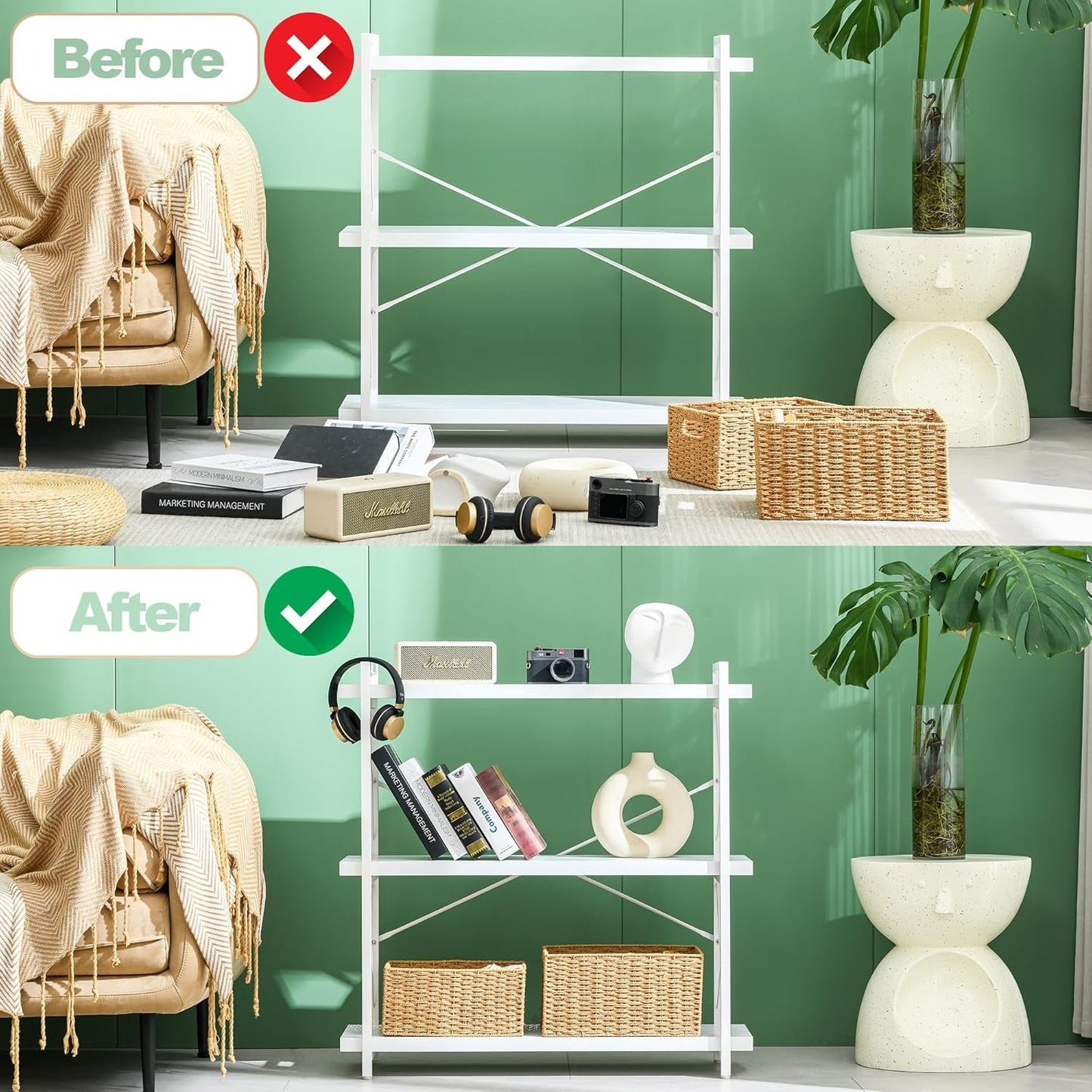 Bookshelf, 3-Tier Industrial Bookcase, White Open Book Shelf, Freestanding Horizontal Bookshelves with Metal Frame-3