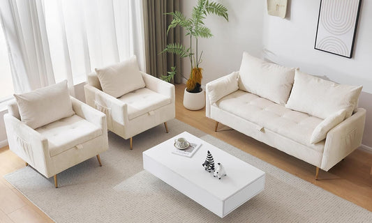 3-Piece Storage Sofa and Couch Set, Corduroy Loveseat with 2Pc Accent Single Chairs, Small Living Room Furniture Set for Apartment, Tiny Homes and Lofts, 3Pc-Beige-0