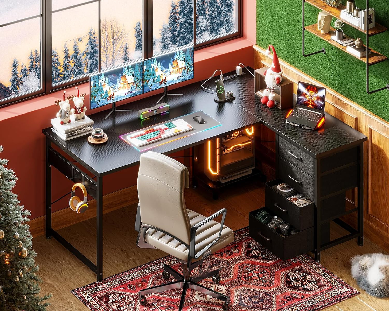 L Shaped Gaming Desk with 4 Drawers, 53" Reversible Home Office Desks with Power Outlets, L Shaped Computer Desk with USB Charging Port and Host Stand, Corner Desk, Easy to Assemble, Black-1