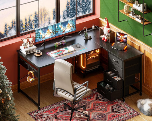 L Shaped Gaming Desk with 4 Drawers, 53" Reversible Home Office Desks with Power Outlets, L Shaped Computer Desk with USB Charging Port and Host Stand, Corner Desk, Easy to Assemble, Black-1