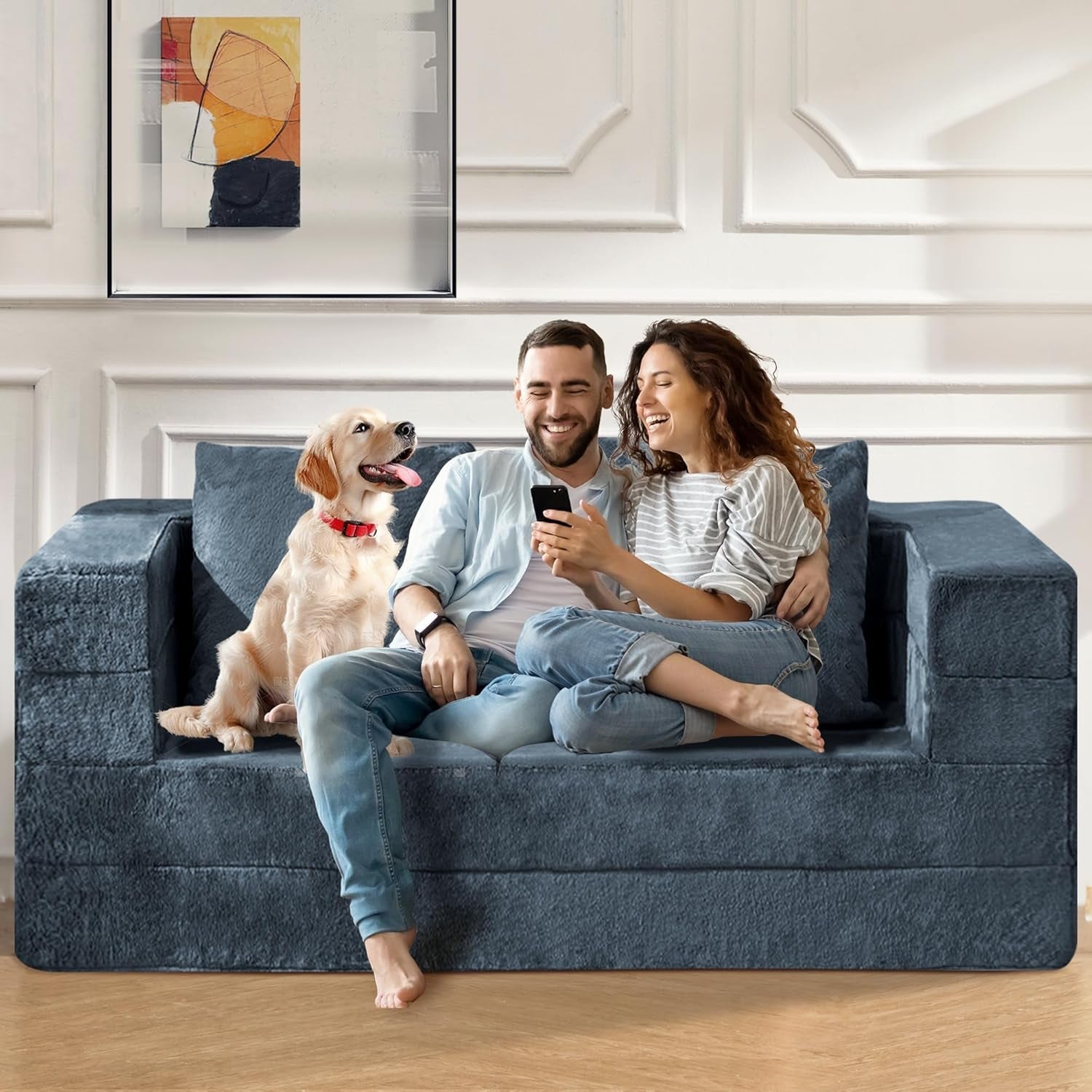 Blue Gray Large 3-in-1 Folding Bean Bag Couch-3