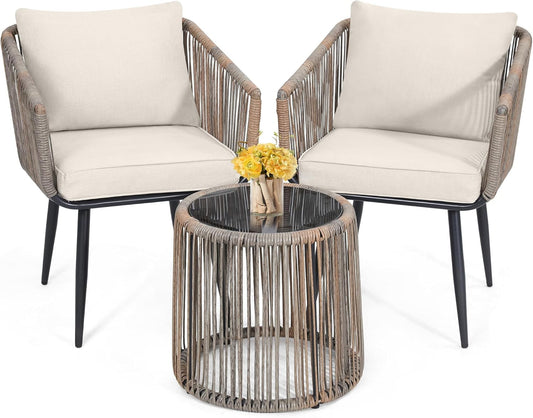 3 Piece Patio Rattan Bistro Conversation Set, Outdoor All Weather Wicker Furniture Chairs and Side Table Set, Ideal for Balcony, Porch and Backyard, Beige-0