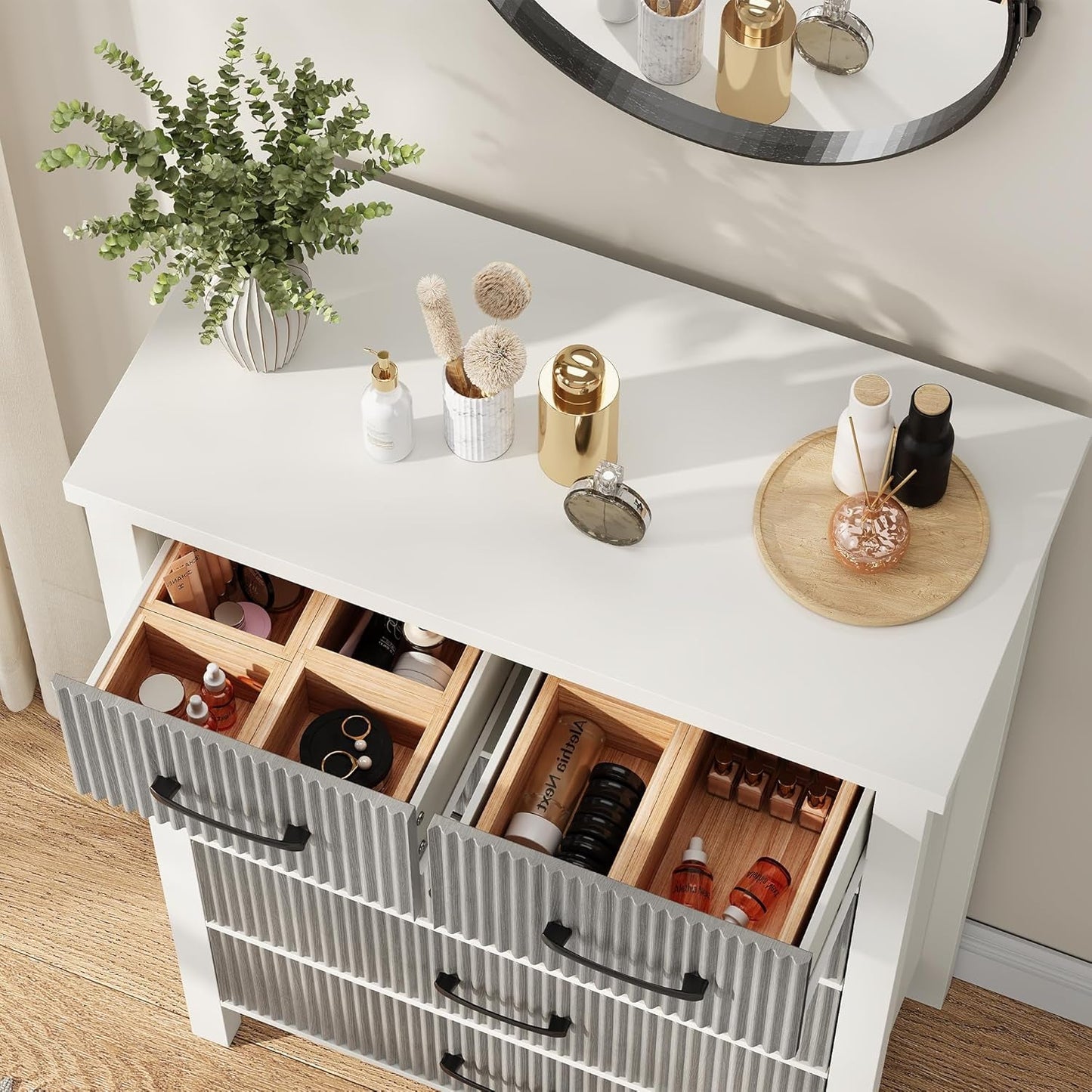 White Dresser 6 Drawer Dresser for Bedroom, Modern Fluted Dresser with Solid Wood Legs, Tall Double Wooden Dresser Large Chest of Drawers for Living Room, Entryway, Hallway (Grey Fluted)-2