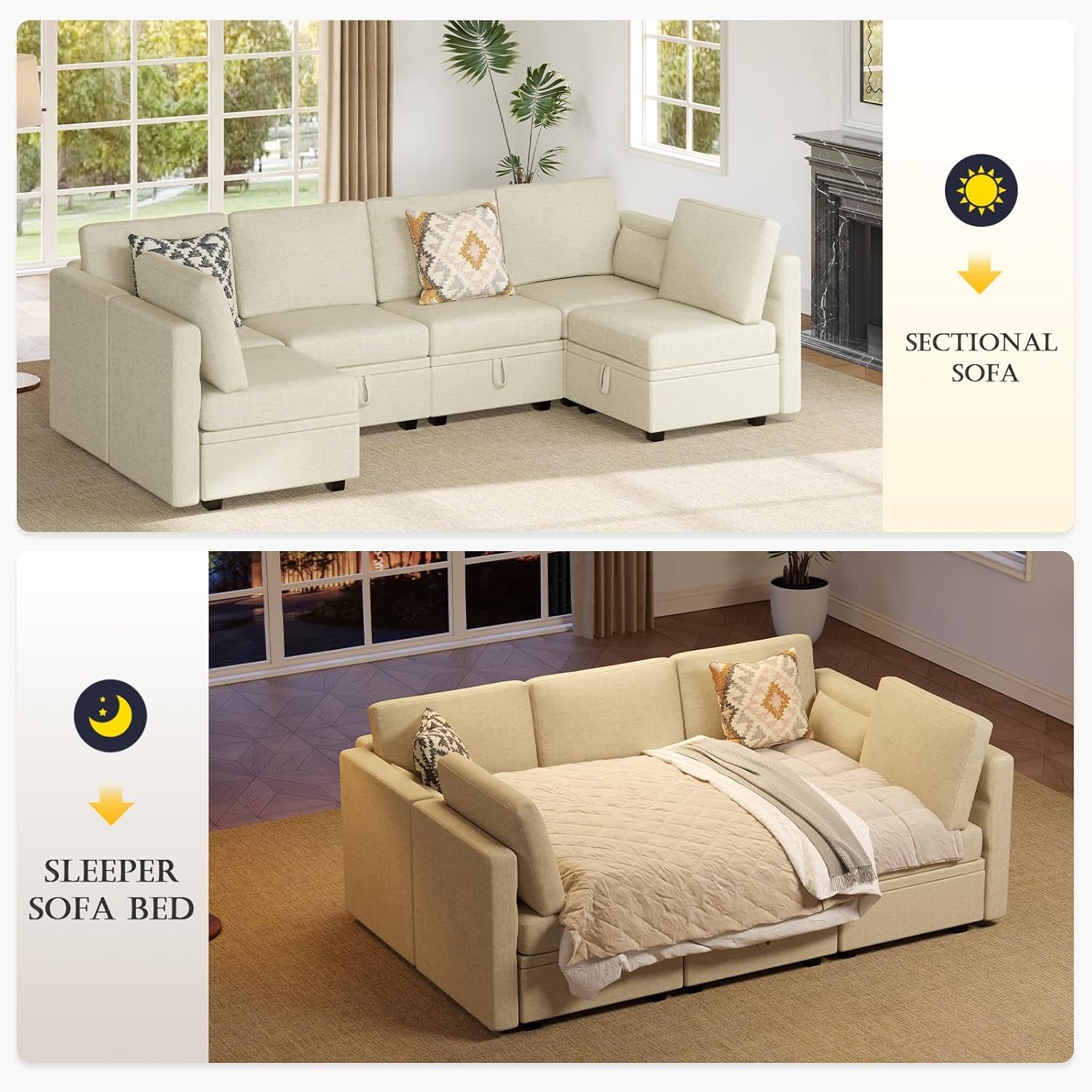 Beige Modular Sectional 5-Seat Chenille, Storage, Sleeper-3