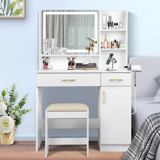 White Vanity Set Mirror, Lights, Drawers, Chair, Charge-0