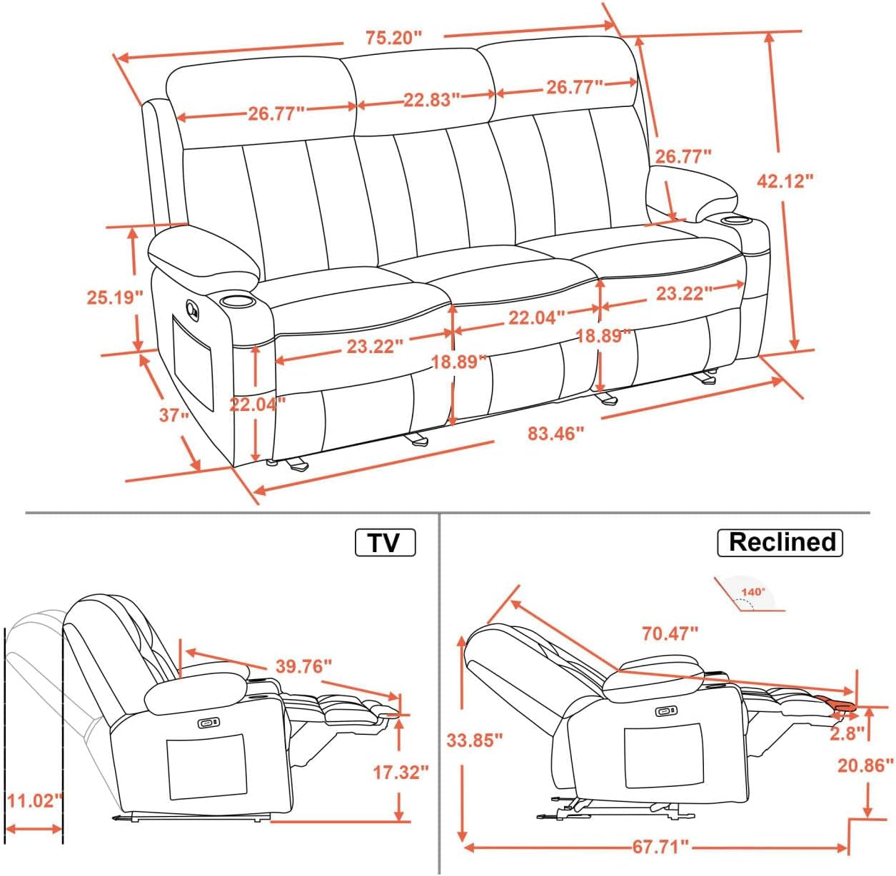 Power Reclining Sofa with Heat and Vibration,Usb Ports, Cup Holders,3-Seat Dual Recliner Sofa for Living Room 6077(Dark Brown, Reclining Sofa)-2