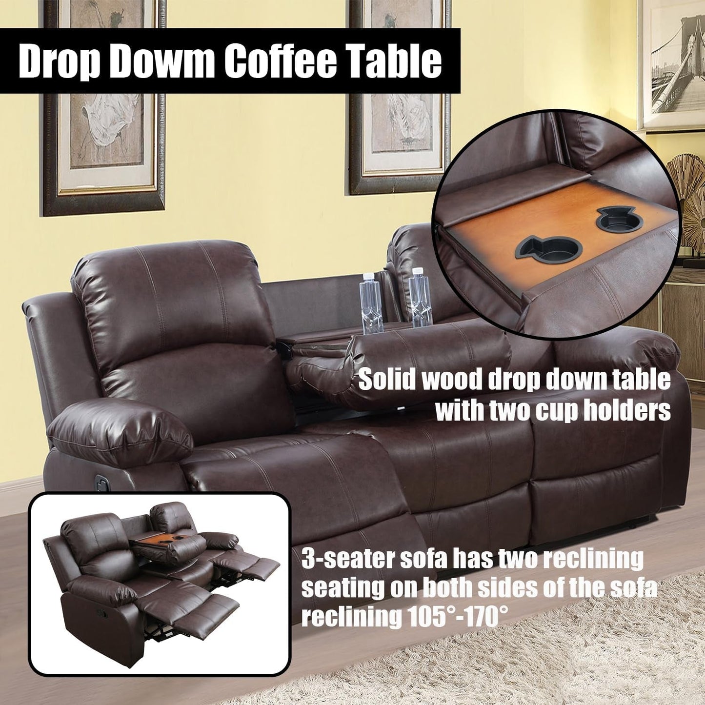 Brown Faux Leather Reclining Living Room Set-2
