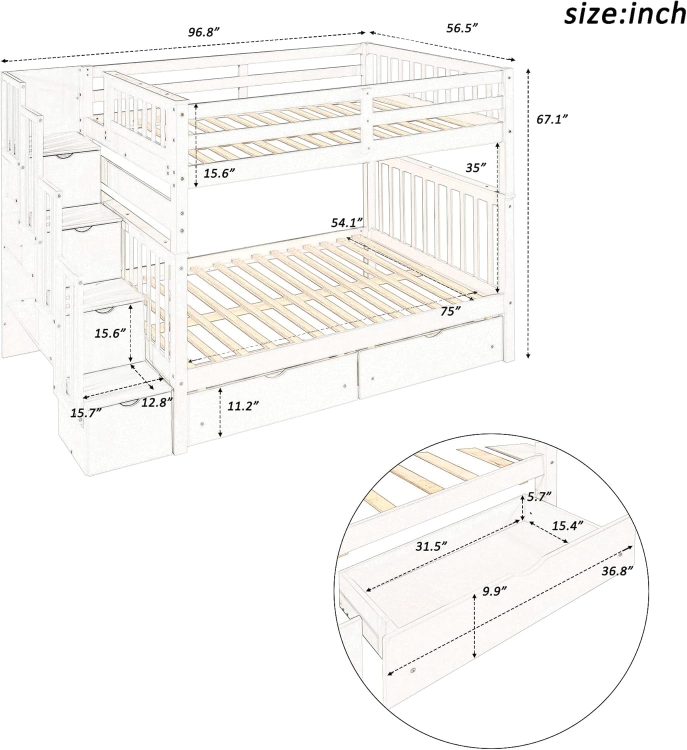 Full over Full Bunk Bed with Stairs, Wooden Bunk Bed with Storage Drawers, for Kids Teens Adults - Gray-1