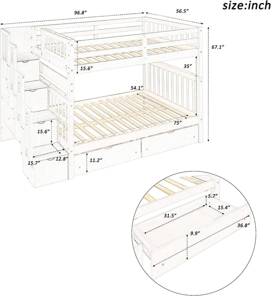 Full over Full Bunk Bed with Stairs, Wooden Bunk Bed with Storage Drawers, for Kids Teens Adults - Gray-1