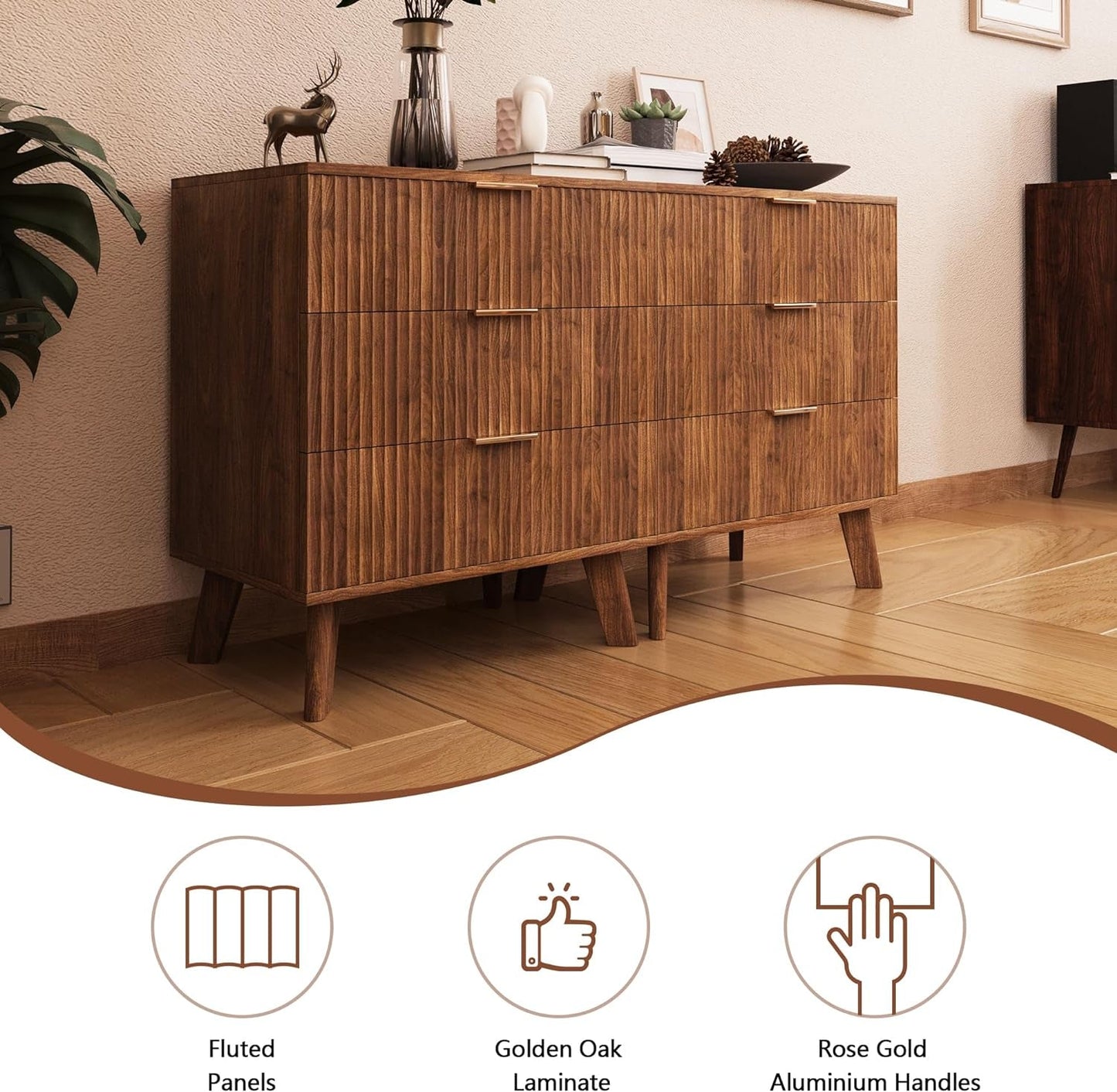 Fluted 3 Drawer Dressers, Modern Closet Dressers Chest of Drawers, Wood Storage Dresser Chest of Drawers Organizer for Bedroom Living Room Hallway Closet, Walnut, 2 Sets-2