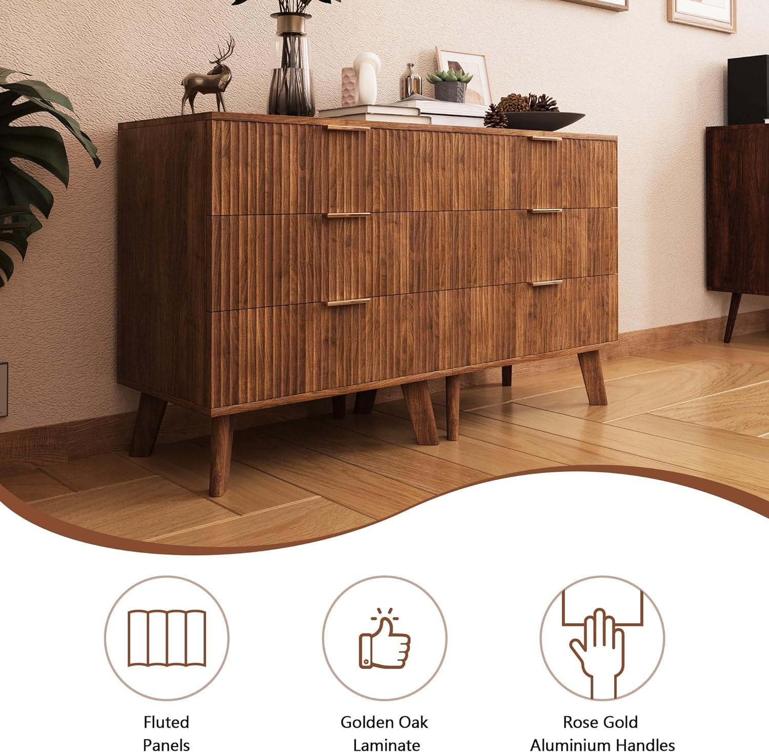 Fluted 3 Drawer Dressers, Modern Closet Dressers Chest of Drawers, Wood Storage Dresser Chest of Drawers Organizer for Bedroom Living Room Hallway Closet, Walnut, 2 Sets-2