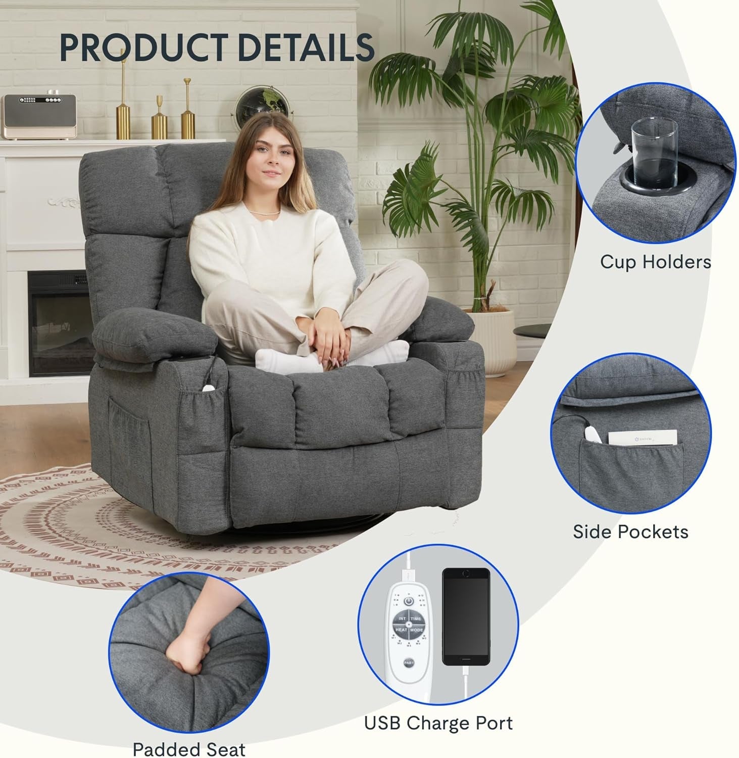 XRC3 Rocker Recliner Chair for Adults W/Massage & Heat, 360° Swivel Recliner Chair W/Cup Holders, USB Port, Manual Glider Rocking Chair for Living Room Nusery, Gray-4