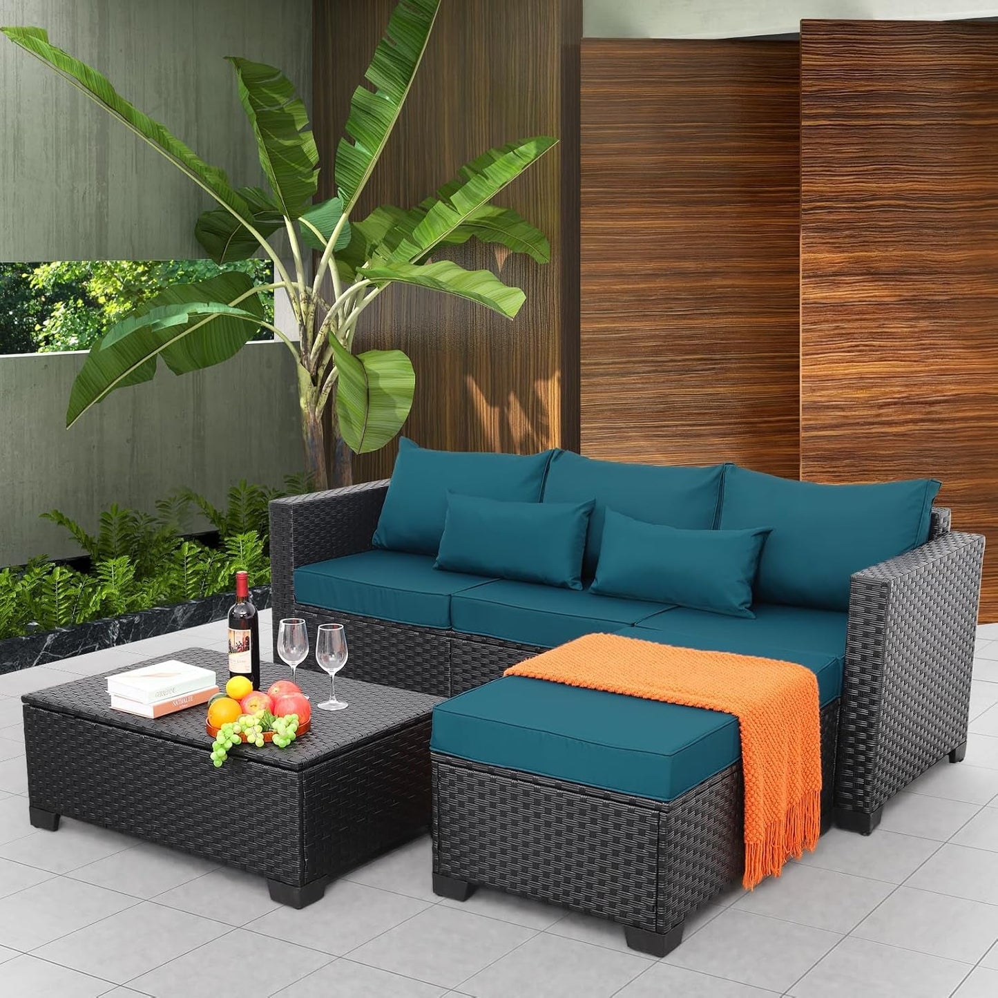 3 Pieces Patio Furniture Set Outdoor Sectional Wicker Patio Furniture Patio Couch with Ottoman and Outdoor Storage Table All-Weather Anti-Slip Cushions Waterproof Covers, Peacock Blue-2