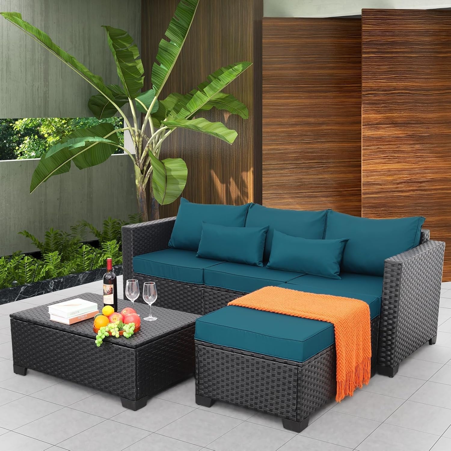 3 Pieces Patio Furniture Set Outdoor Sectional Wicker Patio Furniture Patio Couch with Ottoman and Outdoor Storage Table All-Weather Anti-Slip Cushions Waterproof Covers, Peacock Blue-2
