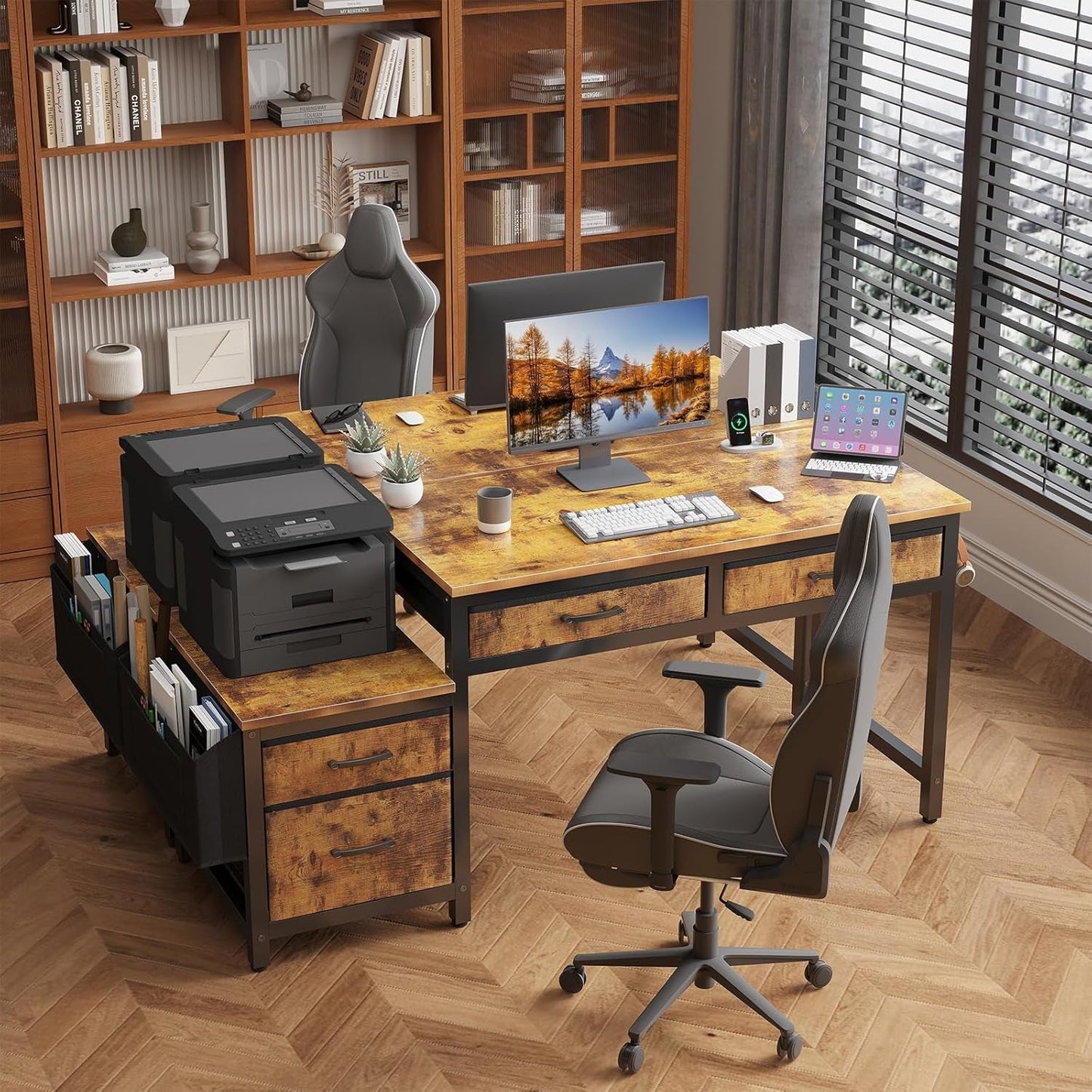 Computer Desk with Fabric File Drawers Cabinet, 57 Inch Home Office Desks with Filing Cabinet Printer Stand for Small Space, Study Writing Table PC Desks for Bedroom, Brown-3