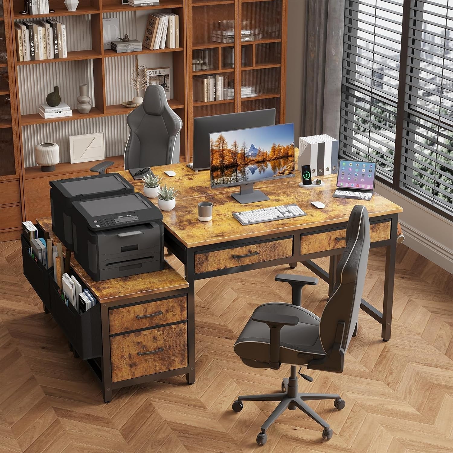 Computer Desk with Fabric File Drawers Cabinet, 57 Inch Home Office Desks with Filing Cabinet Printer Stand for Small Space, Study Writing Table PC Desks for Bedroom, Brown-3