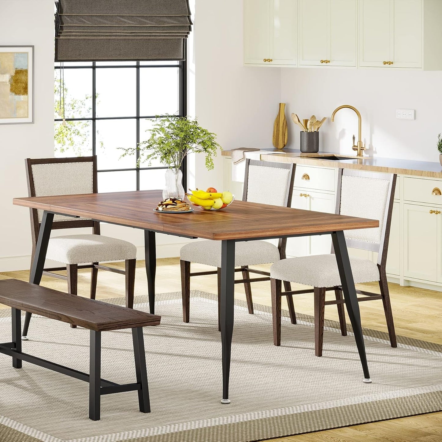 70.9 Inch Large Dining Table for 6 to 8, Industrial Kitchen Table Furniture with Metal Legs, Modern Faux Wood Rectangular Dinner Table for Dining Room, Rustic Brown/Black-2