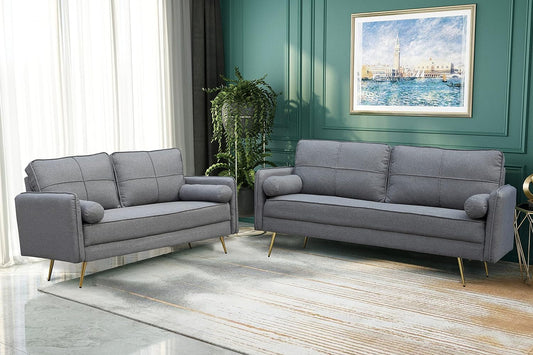 Modern 2 Piece Sofa Set Velvet Loveseat & Sofa Set with Bolsters & Metal Legs for Living Room - Grey-1