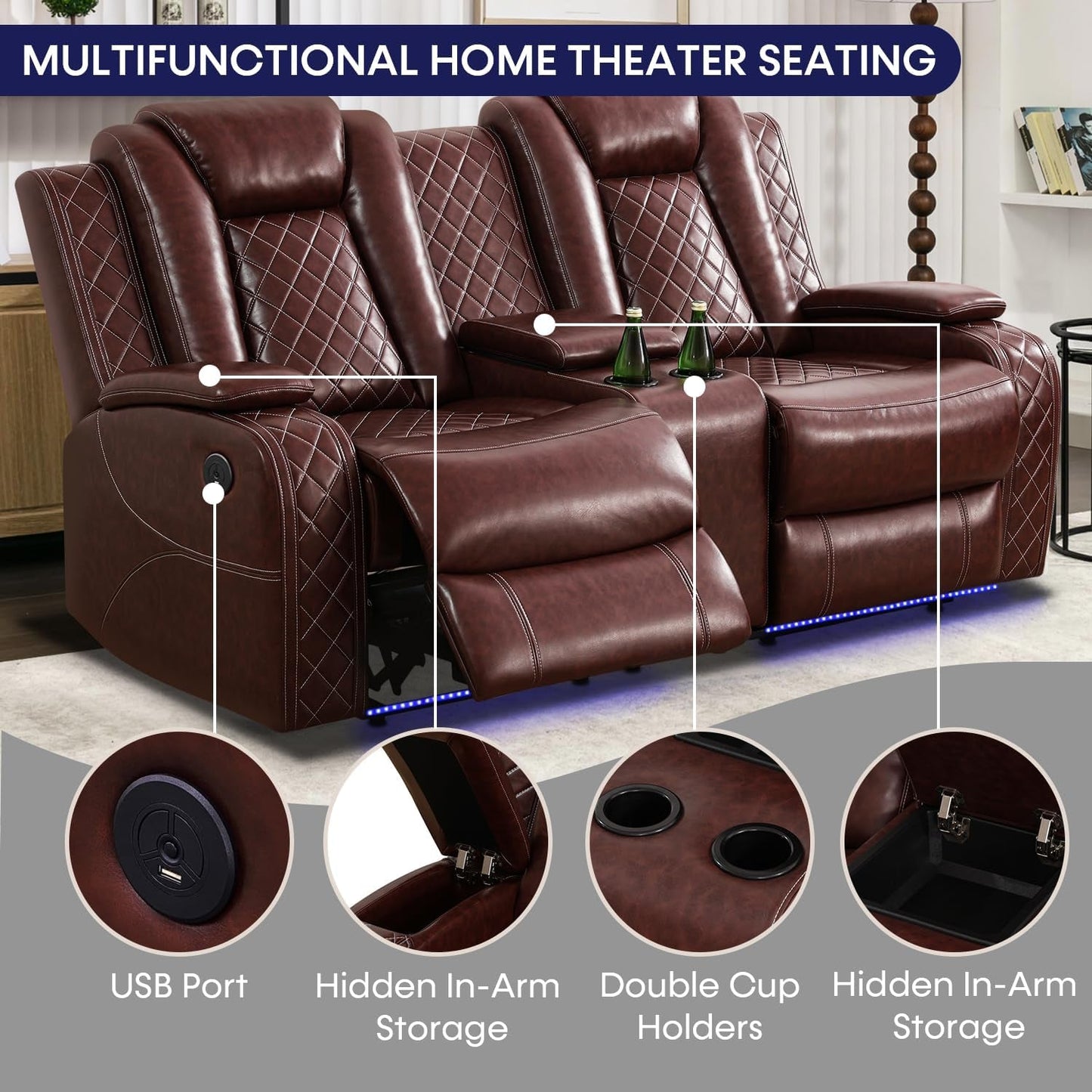 Power Recliner Sofa Set with LED Lights,Leather Reclining Sofa with USB Port/Wireless Charger/Storage Console/Cup Holder,Living Room Furniture for House/Home Theater(3 Piece Set,Wine Red)-2