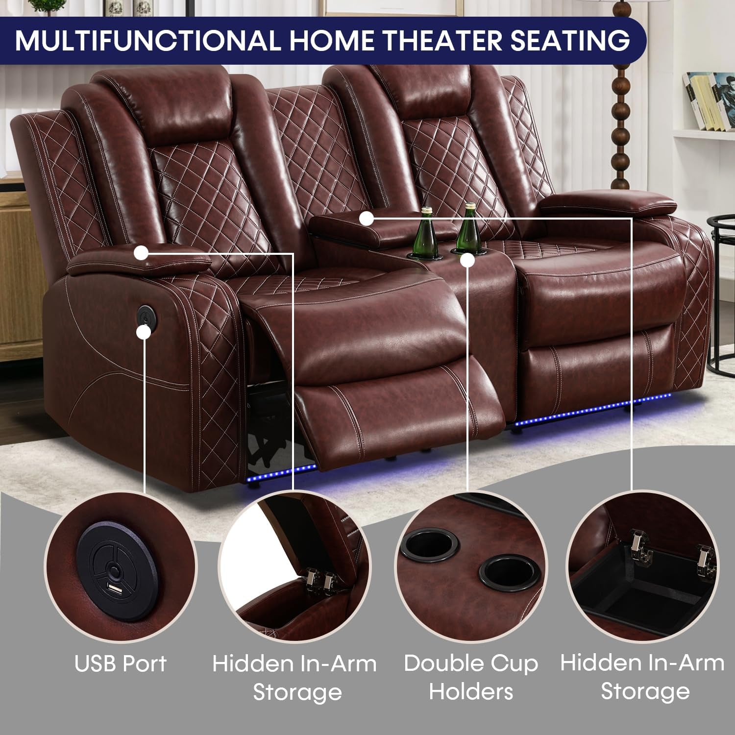 Power Recliner Sofa Set with LED Lights,Leather Reclining Sofa with USB Port/Wireless Charger/Storage Console/Cup Holder,Living Room Furniture for House/Home Theater(3 Piece Set,Wine Red)-2