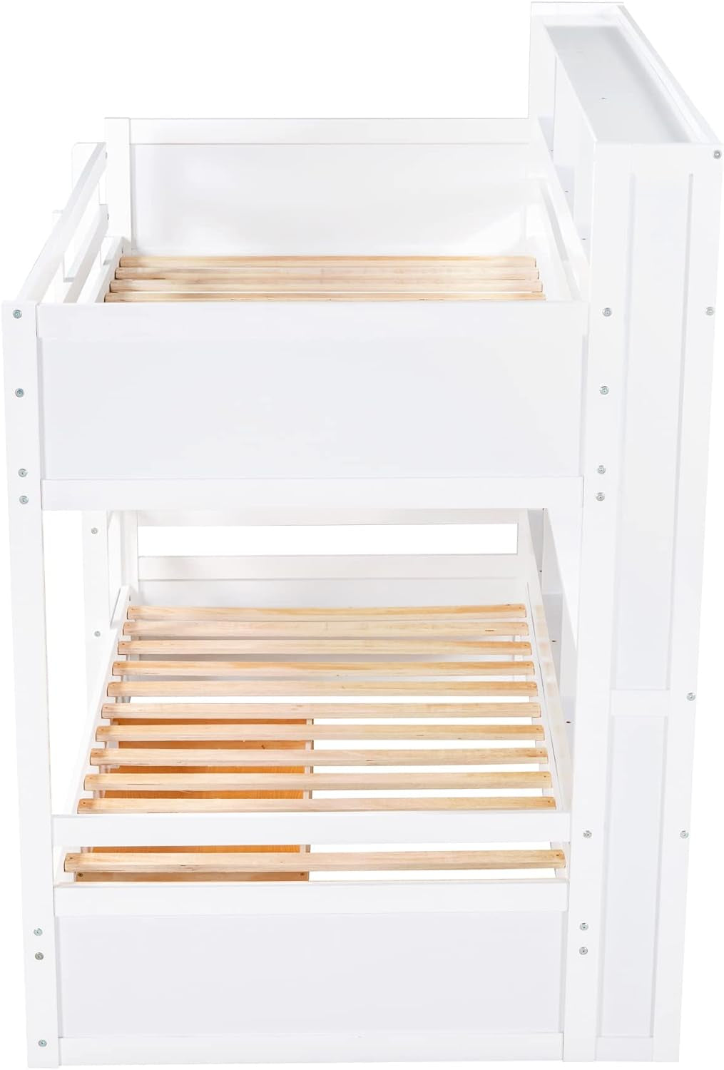 Twin over Twin Bunk Bed with Storage Drawer, Solid Wood Bunk Bed with Built-In Shelves beside Both Upper and down Bed, for Kids Teens Adults (White)-4