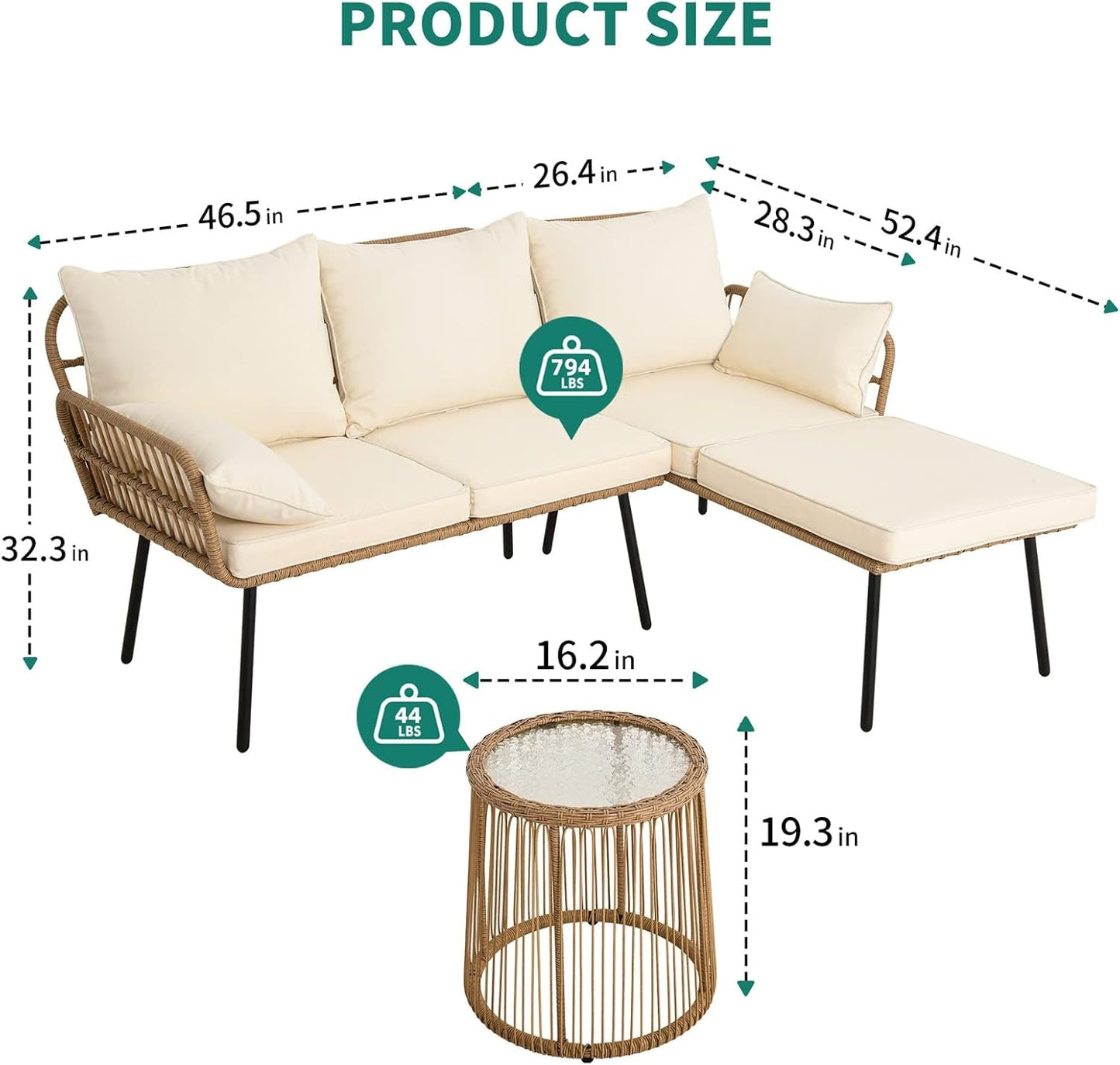3 Pieces Patio Furniture Set, Outdoor Wicker Conversation Sectional L-Shaped Sofa with 4 Seater for Backyard, Porch, Boho Detachable Lounger with Cushions and Coffee Table - Beige-1