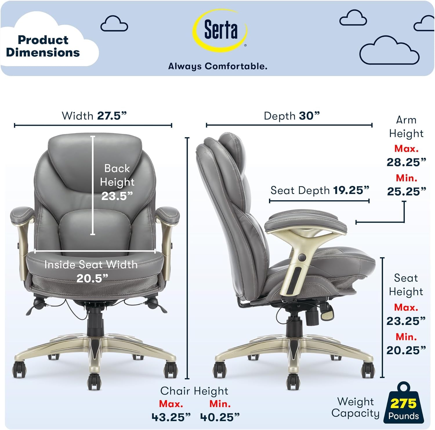 Ergonomic Executive Office Chair Motion Technology Adjustable Mid Back Design with Lumbar Support, Gray Bonded Leather-2
