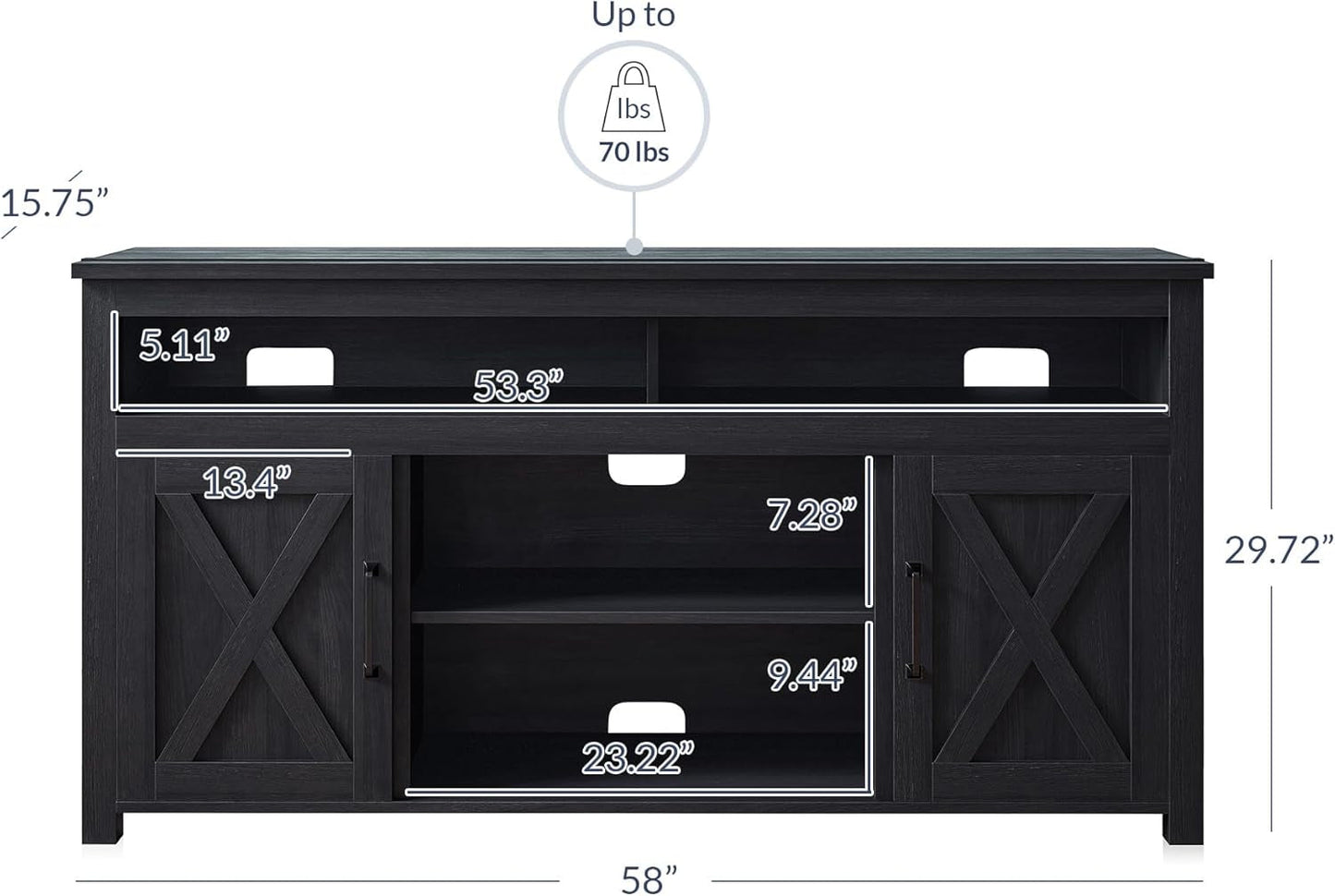 58 Inch TV Stand, Contemporary Entertainment Center for Tvs up to 65", Wood Media Console Table with Two Open Shelves and Barn Door Cabinets - Corin (Rustic Grey)-4