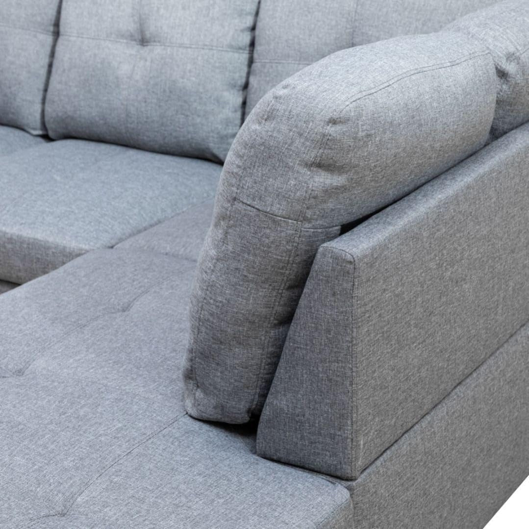 L-Shaped 3-Piece Linen Sofa with Storage Ottoman Set, Sectional Couch Sofa Set for Living Room, Office, Small Space, Grey-4