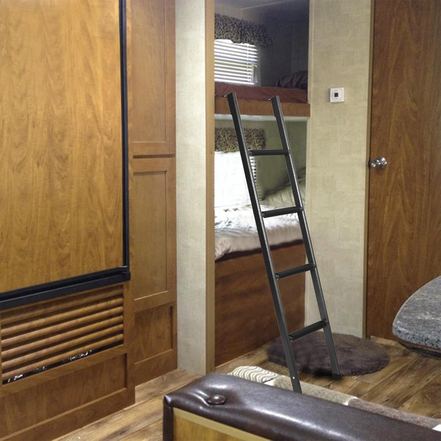 Anti-Slip RV Bunk Ladder, 72In Integrated Heavy Duty Steel Camper Bunk Bed Ladder with Anti-Slip Rubber Foot Pads and Hooks - Black-3