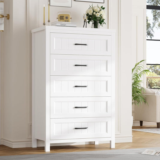 Elegant White Farmhouse 5 Drawer Dresser for Bedroom - Tall Chest of Dresser with Spacious Storage, Solid Wood Construction for Living Room, Hallway & Entryway - White-0