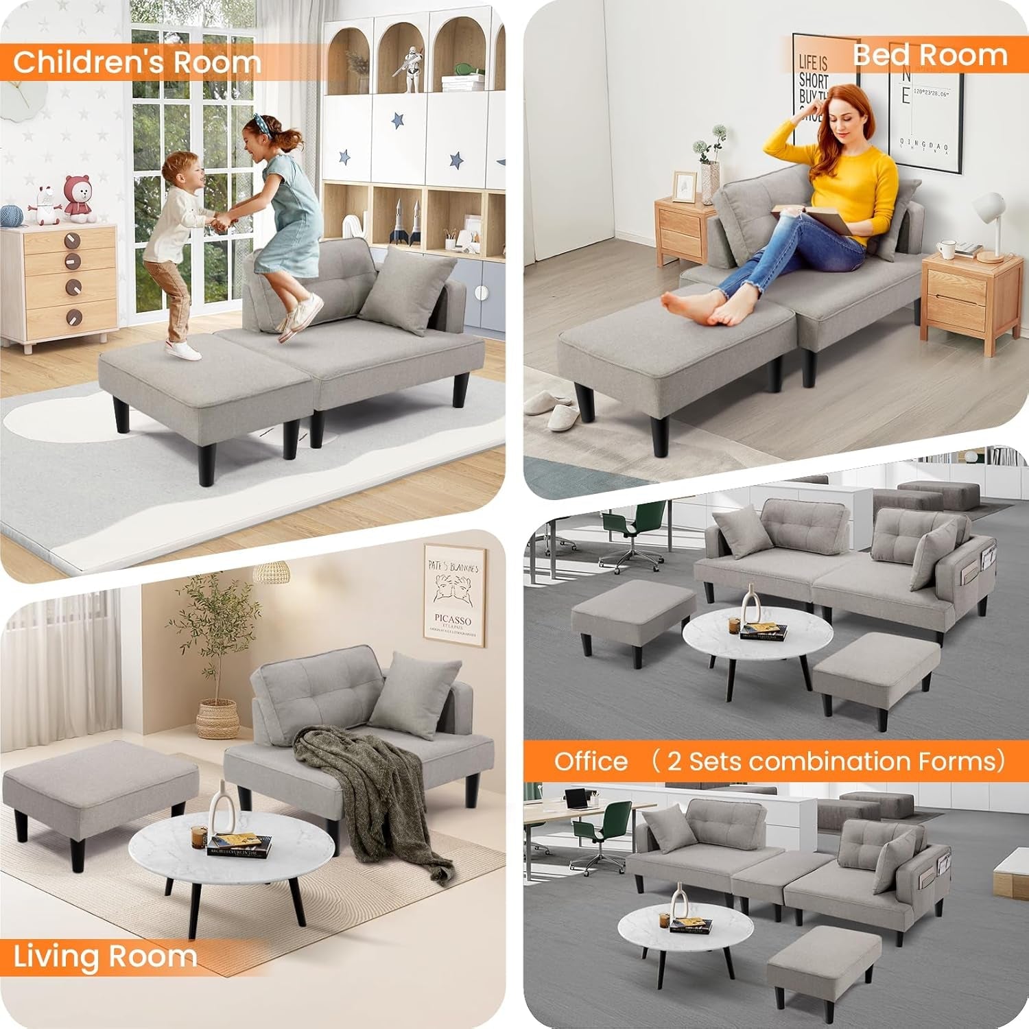 Recliner Sofa Bed Modular Sectional Convertible Sofa for Small Space, Flexible Combination Corner Couch with Ottoman, Modern Flax Fabric Loveseat for Apartment Sleeping Room Living Room,Right Armrest-2