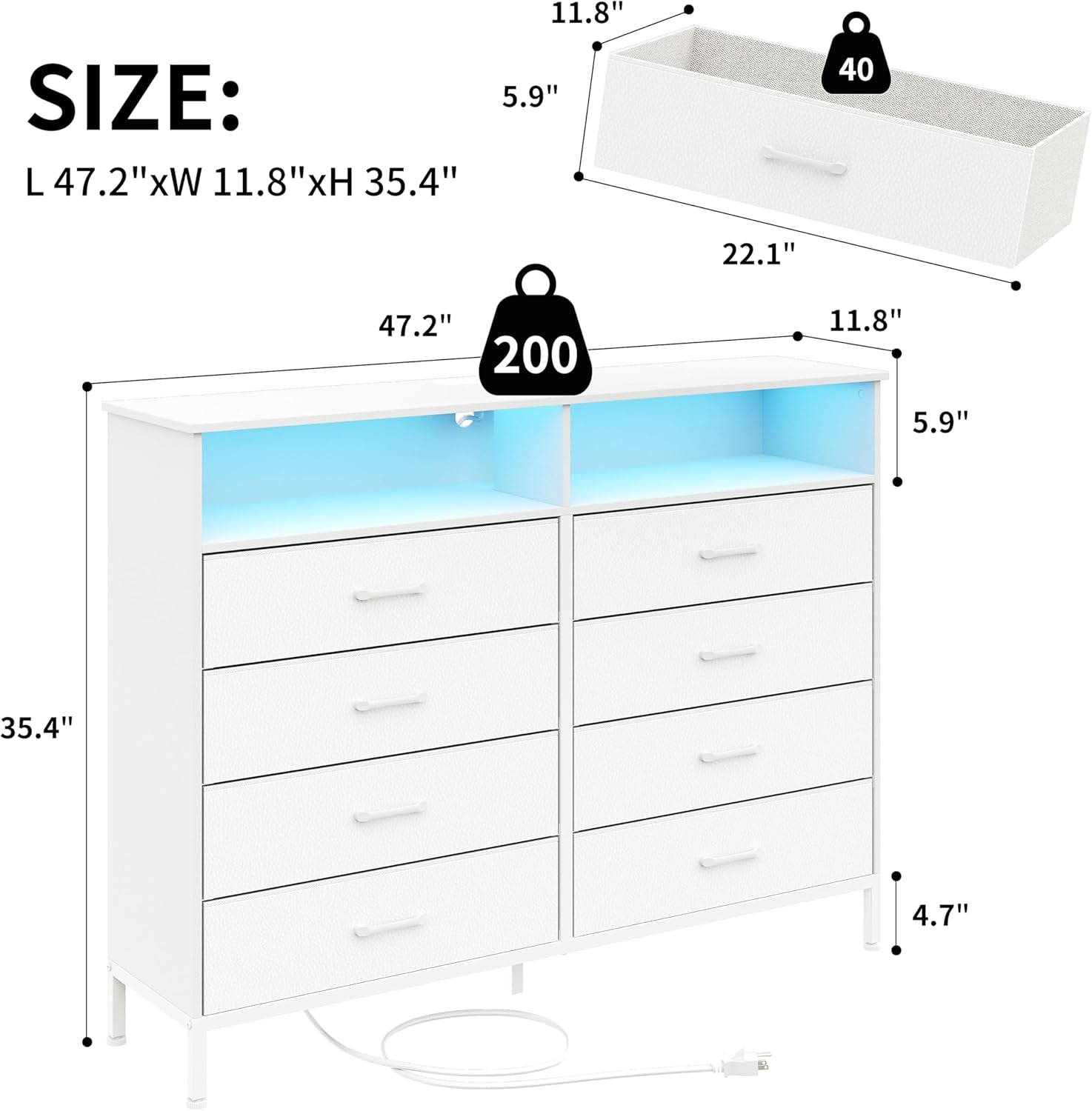 Dresser for Bedroom White Bedroom Dresser with LED Lights and Charging Station, 8 Long Fabric Drawers Dresser, Tall Wide Chest of Drawers Storage Organizer TV Stand for up to 60" TV for Living Room-2