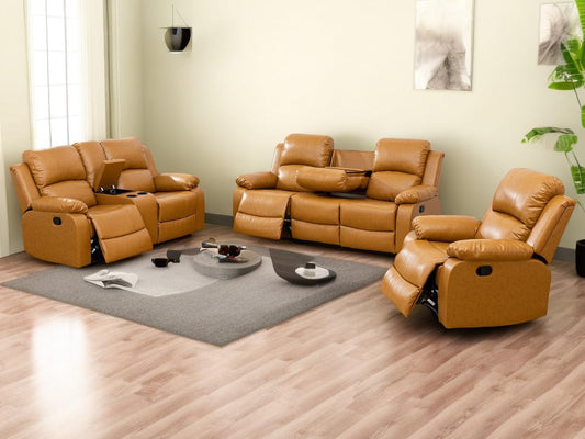 Manual Recliner Sofa Set Vegan Leather Reclining Sofa Set Living Room Furniture Sets Loveseat Couch Chair Set with Cup Holders/Storage Console/Drop down Table for Home/Office (Ginger,3Pcs Set)-0