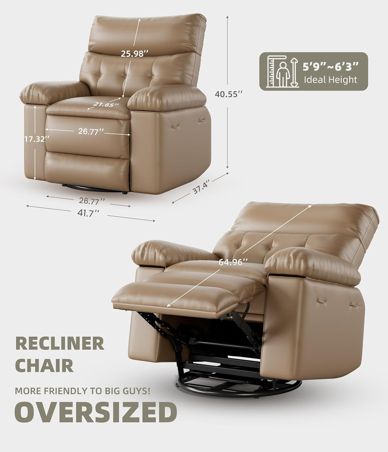 Oversized Wide Recliner Chair - Heat and Massage, PU Leather Large Manual Recliner for Adults, Comfort Lazy Chair with 1.5X Sponge Filling and Easy Recline Mechanism for Relaxation-1