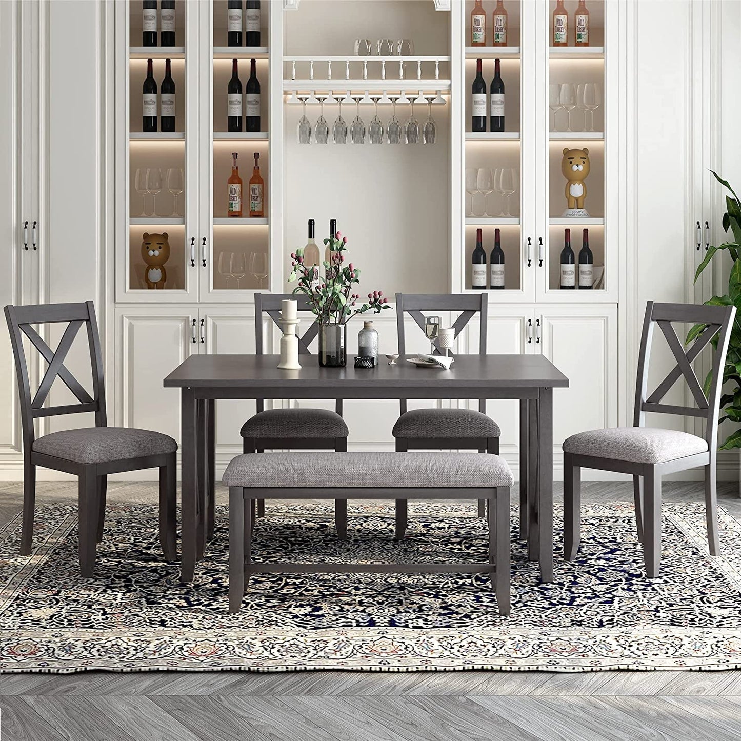 6 Piece Foldable Dining Set for 6 with Bench, Gray-0