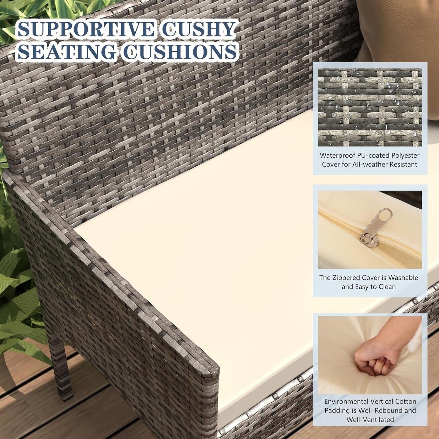 4 Pieces Patio Furniture Set, Outdoor Wicker Rattan Patio Conversation Furniture Set with Waterproof Cushion and Table for Lawn Backyard, Garden, Balcony, Porch and Poolside (Dark Grey)-4