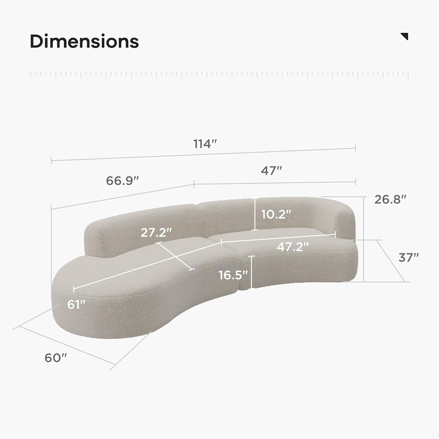Modern Curved Sectional Living Room Couch, Minimalist Comfy Boucle Fabric Modular Sofa for Apartment, Home Office, Left Hand Facing, White-1