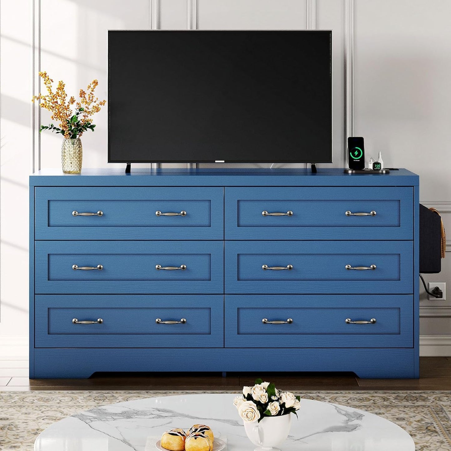 Drawers TV Stand for 65 Inches with Power Outlets -Chest of Drawers Dresser with Side Organizer Bag Entertainment Center TV Console, Blue-0