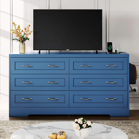 Drawers TV Stand for 65 Inches with Power Outlets -Chest of Drawers Dresser with Side Organizer Bag Entertainment Center TV Console, Blue-0