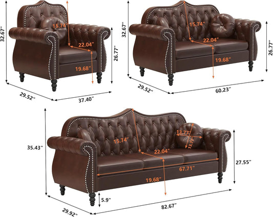2 Piece Living Room Set, Mid-Century Modern Upholstered Chesterfield Chair Loveseat with Tufted Button and Pillows, Upholstered PU Leather Sofa Couch for Living Room, Office, Brown-1
