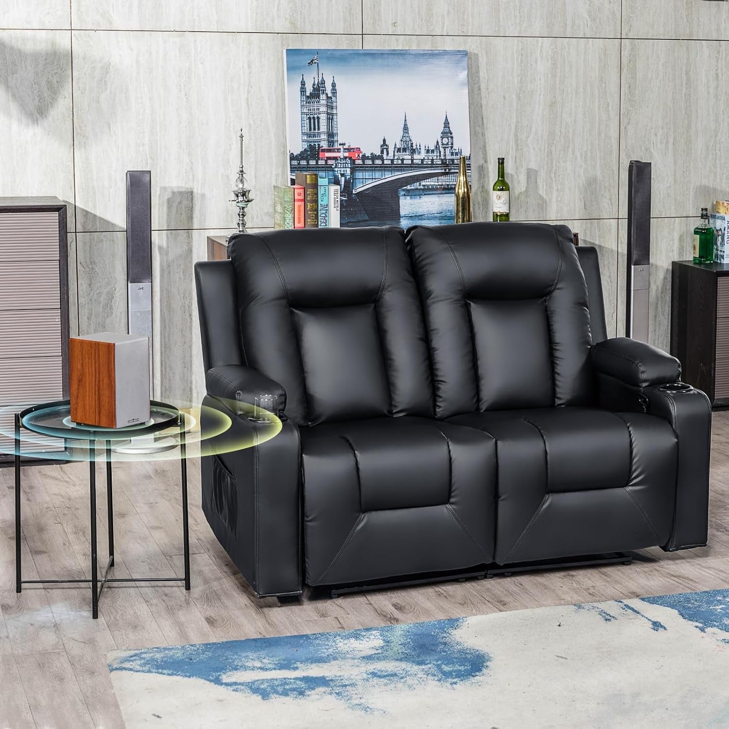 Living Room Furniture Set, Bonded Leather Loveseat Sofa with Cup Holder Recliner Chair, Black-0