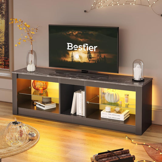 Entertainment Center LED Gaming TV Stand for 55+ Inch TV Adjustable Glass Shelves 22 Dynamic RGB Modes TV Cabinet Game Console PS4, Black Marble-0