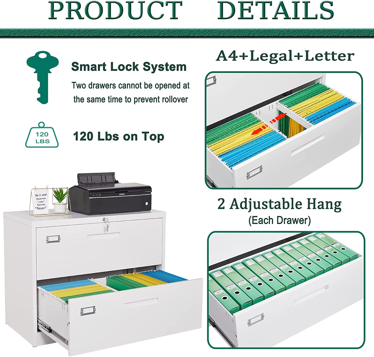 White 2-Drawer Metal Filing Cabinet with Lock-3