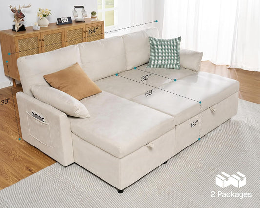 Sleeper Sofa, Sofa Bed- 2 in 1 Pull Out Couch Bed with Storage Chaise, Sofa Sleeper Couch for Living Room, Off-White Leathaire Sofa-1